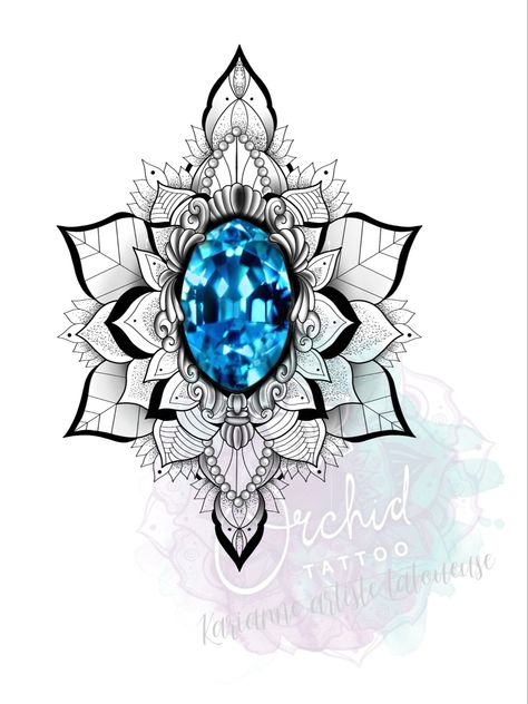 Saphire Tattoo Design, Gemstone Mandala Tattoo, Mandala Jewel Tattoo, Diamante Tattoo, Mandala Chest Tattoo, Maple Leaf Tattoos, Mandala Hand Tattoos, Stone Tattoo, Jewel Drawing