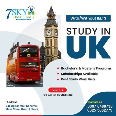 -----Study In UK---- Give wings to your DREAM of studying in the UK Turn your dreams into reality 👉Apply Your UK Study Visa with Our Experts 👉Contact us for forthcoming January 2023 intakes 📌Gap Acceptable with 📌Students visa status can also apply 📌High Visa Success Rate •Bachelor’s & Master’s Programs •Scholarships Available •Post Study Work Visa Call us: + 92307 8488738 Call us: + 92325-5062779 Website: www.7skyconsultancy.com Email: info@7skyconsultancy.com College Marketing, Travel Advertising Design, Admissions Poster, Study In London, Study In Uk, Education Poster Design, London University, University Of Birmingham, Uk Visa