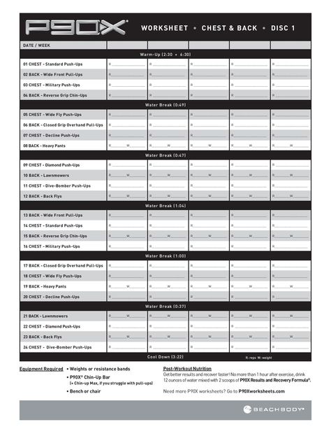 Chest & Back P90X P90x Workout Sheets, Body Beast Workout Sheets, P90x Workout Schedule, Shoulder And Arm Workout, P90x Workout, Chest And Back Workout, Workout Sheets, Exercise Moves, Workout Template