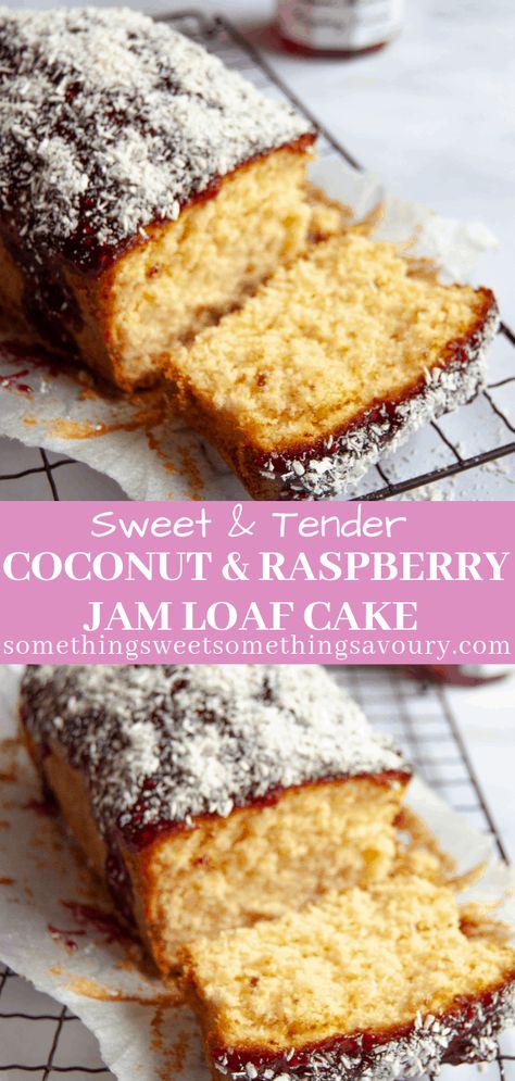 Coconut and raspberry jam loaf cake - Something Sweet Something Savoury Raspberry Loaf, Jam Cake Recipe, Coconut Loaf Cake, Coconut Loaf, Cake Recipes Uk, Jam Cake, Coconut Jam, Loaf Cake Recipes, Coconut Cake Recipe