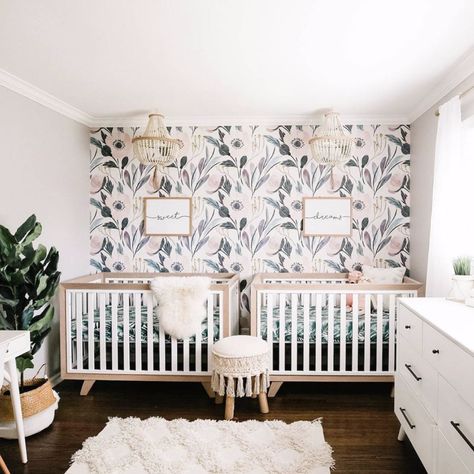 Twin Nursery Room Boy And Girl, Nursery With Two Cribs, Modern Nursery Inspiration, Double Nursery Ideas, 2 Crib Nursery, Double Crib Nursery, Two Crib Nursery, Twin Nursery Girls, Twin Nursery Ideas Neutral