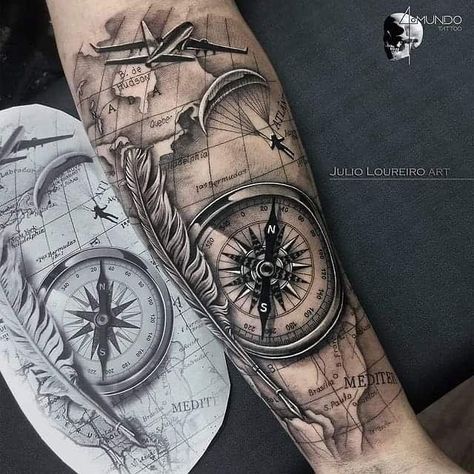 Pirate Map Tattoo, Aviation Tattoo, Compass And Map Tattoo, Compass Tattoo Men, Nautical Tattoo Sleeve, Arm Tattoos For Guys Forearm, Stencils Art, Half Sleeve Tattoos Forearm, Beautiful Tattoo Designs