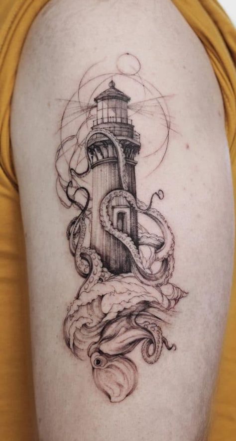 Lighthouse Tattoo Meaning, Traditional Lighthouse Tattoo, Pirate Ship Tattoos, Kraken Tattoo, Crow Tattoo Design, Tattoo Linework, Mermaid Tattoo Designs, Lantern Tattoo, Nouveau Tattoo