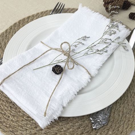 PRICES MAY VARY. BEST QUALITY - 100% Cotton material, Luxury hotel quality, Thick and soft cotton hotel napkins, Reusable. HANDMADE - Each of our cotton napkins requires hand-pulled cotton thread on all four sides, Every step of dinner napkin is handmade, Including dyeing, Frayed edging and packaging. And delicate Fringe to add a rustic and vintage look to your table. WIDE APPLICATION - This napkin set can be used as napkins or place mats. Perfect match with our table runners for wedding party, Gauze Napkins, Handmade Napkins, White Cloth, Dinner Wedding, Place Mats, Cotton Napkins, Elegant Decor, Cloth Napkins, Dinner Napkins