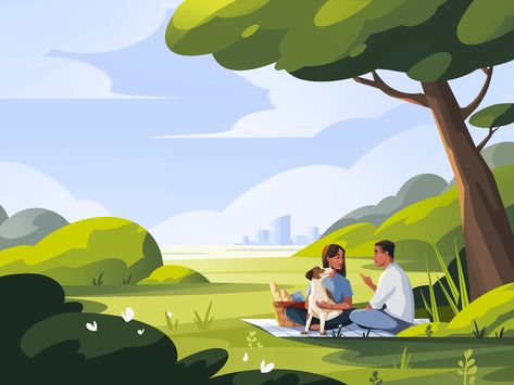 Picnic by Vitaliya Yankovskaya for Fireart Studio on Dribbble Dog Illustration Art, Park Illustration, Boston Poster, Couple Sketch, Couple Illustration, Mural Design, Park Art, Dog Illustration, Mural Wall Art