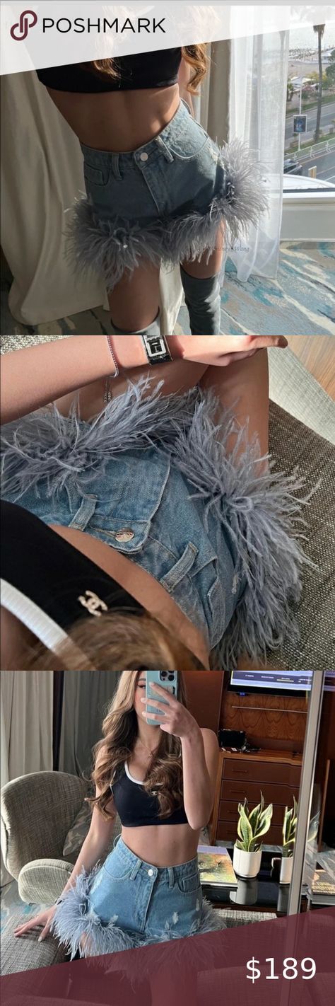 🎉New Denim High Rise Tassel Shorts With Ostrich Gray Feather Trim Feather Trim Shorts, Stagecoach Outfit, Tassel Shorts, Feather Trim, Shorts Outfit, Ostrich Feathers, Tassels, Denim Shorts, High Rise