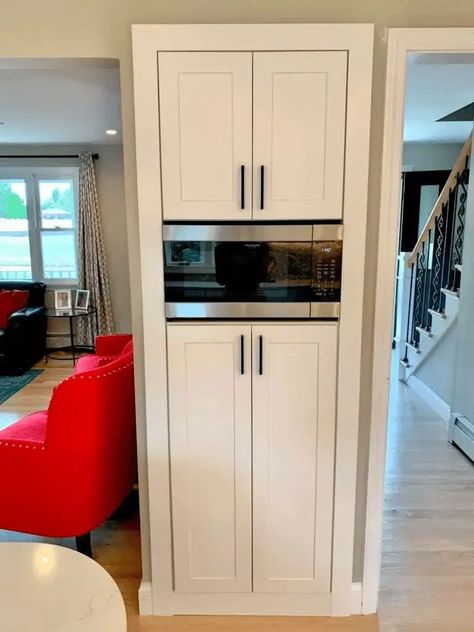 Pantry Perfect: Maximizing Space with a Microwave Integration - The Compact Kitchen Microwave Ideas In Kitchen Spaces, Corner Microwave, Pantry Design Ideas, Maximize Kitchen Space, Pantry Layout, Microwave Cabinet, Microwave Shelf, Compact Kitchen, Built In Microwave