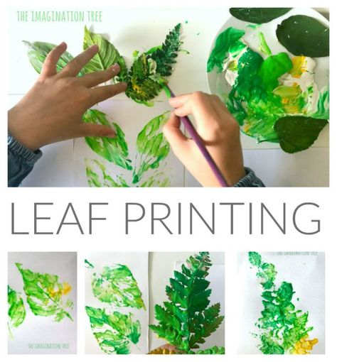 Leaf Printing Art -by The Imagination Tree Painting with other objects other than a paint brush can intrigue children to wonder through the arts. Leaf Printing Art, Leaf Print Art, Leaf Printing, Imagination Tree, Food Art For Kids, Tree Study, Messy Art, Painted Leaves, Nature Crafts