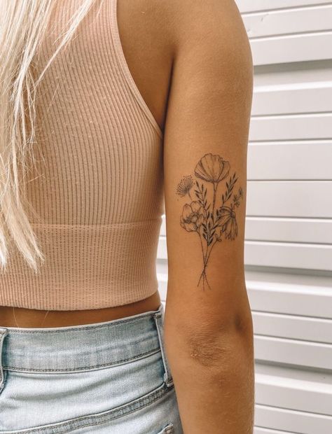 Tricep Women Tattoo, Flower Tattoo On Tricep, Above Elbow Tattoos For Women Flowers, Flower On Back Of Arm Tattoo, Tricep Flower Tattoo Women, Back Of Elbow Flower Tattoo, Flower On Back Of Arm, Tatoos Above The Elbow, April Birth Flowers Tattoo