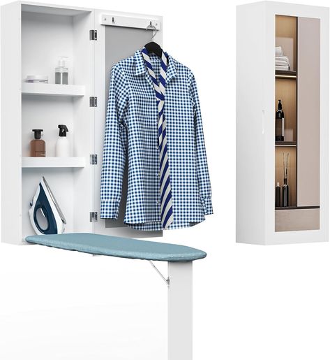 Amazon.com: Organizedlife Wall Mounted Ironing Board Cabinet with Iron Storage, Built in Ironing Center, Hanging Ironing Board for Laundry, Folding Leg & Mirror : Home & Kitchen Hanging Ironing Board, Ironing Board Cabinet, Hinged Table, Wall Ironing Board, Wall Mounted Ironing Board, Diy Sewing Table, Ironing Boards, Iron Storage, Hal Decor