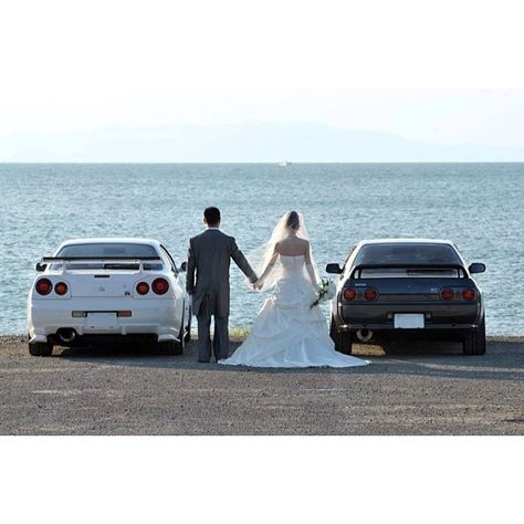 @Mikayla Weible definately need a wedding photo like this if the cars are done His And Hers Cars, Car Themed Wedding, Nissan Gtr Skyline, Nissan Skyline Gtr, Car Goals, Mc Laren, Skyline Gtr, Skyline Gt, Nissan Gtr