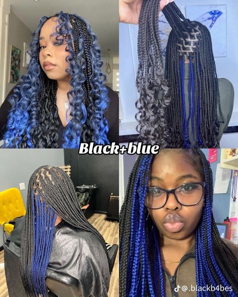 Braids For Black Women Blue, Blue And Black Hair Braids, Blue Knotless Braids With Curls, Royal Blue Knotless Braids, Braids Color Combo Ideas, Black And Blue Braids With Curls, Blue Peakaboobraids, Half And Half Braids Color, Blue And Black Box Braids