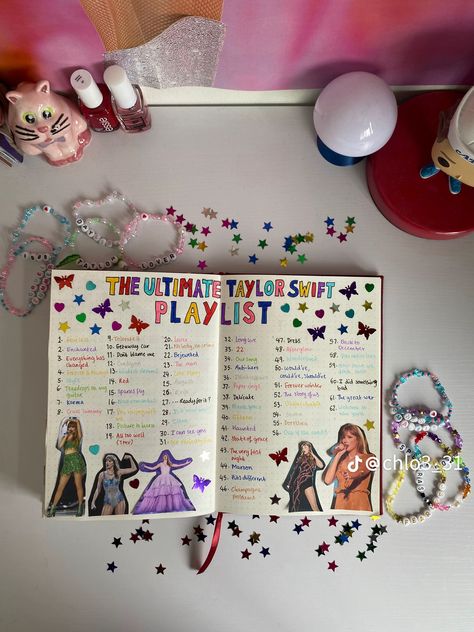 Scrapbook Taylor Swift Ideas, Eras Tour Journal, Taylor Swift Scrapbook Ideas, Eras Tour Scrapbook, Taylor Swift Journal Ideas, Song Diary, Bullet Journal Essentials, Taylor Swift Playlist, Taylor Swift Book