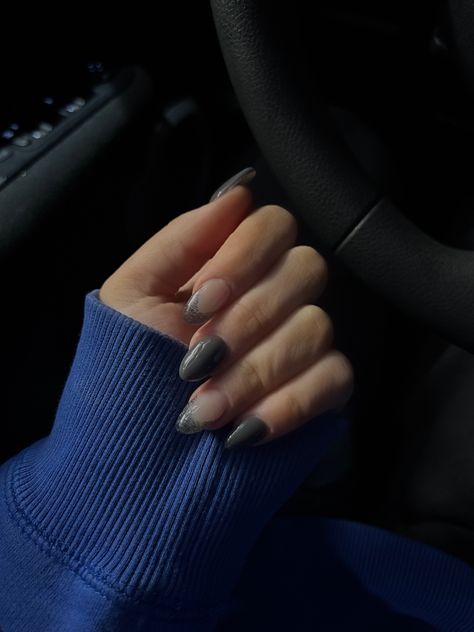 nails, french tip, gray, aesthetic Dark Grey French Tip Nails, Gray French Tip Nails, Black French Nails, Nails French Tip, Prom Inspo, Tip Nails, Nails French, Gray Aesthetic, French Tips