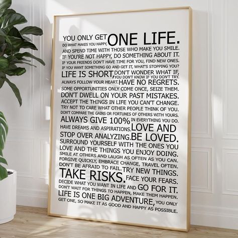 You Only Get One Life Poster Life Rules Wall Art Modern Inspirational Quotes Black and White Quote Print Life Motivational Wall Art Positive Quotes Posters for Living Room Bedroom 16x24in Frameless Inspirational Quotes Black, Quotes Black And White, Black And White Quote, Posters For Living Room, Positive Quote Poster, White Quote, Quotes Black, Bedroom Quotes, Post Divorce