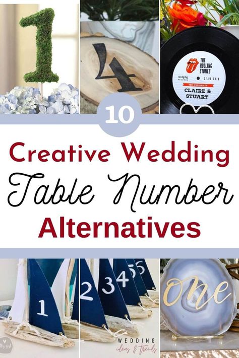 No matter what the theme is, using something other than a piece of paper to give guests their table numbers can really make your wedding stand out from the crowd. Here you’ll find 10 amazing ideas for unique and creative wedding table number alternatives for your wedding decoration in every style and wedding theme. From elegant and creative seating chart ideas like Portuguese Azulejos, agate, DIY book folding to fun and unique table numbers like a vinyl record and cardstock love story. Alternatives To Table Numbers, Ideas For Table Numbers For Wedding, Fun Table Number Ideas, Unique Table Number Ideas, Wedding Table Names Instead Of Numbers, Table Number Alternatives, Fun Seating Chart Wedding, Table Number Ideas For Weddings, Creative Table Numbers Wedding