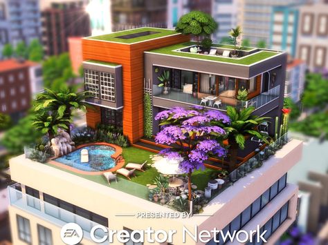 Penthouse Apartment Sims 4, Sims 4 Lovestruck Build, Apartment Sims 4, Sims 4 Penthouse, Rooftop Apartment, Sims Builds, Sims 4 House Building, Sims Ideas, Casas The Sims 4