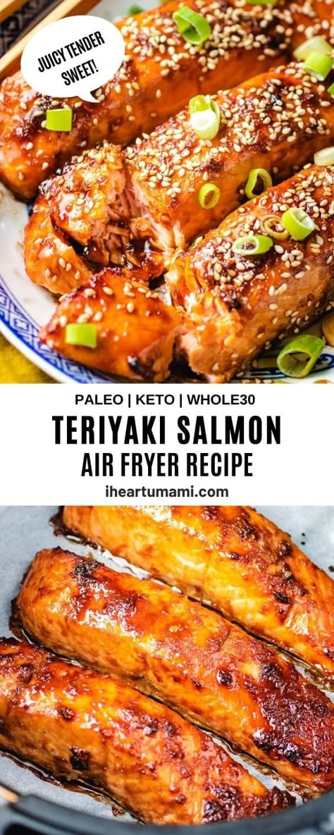 Air fryer salmon teriyaki recipe ready in 8 mins! The air fried salmon with teriyaki glaze is the best keto Teriyaki salmon when you want dinner fast! #teriyakisalmon #airfryerrecipes #ketorecipes #salmonrecipes Airfryer Meals, Keto Teriyaki, Air Fried Salmon, Salmon In Air Fryer, Lasagne Roll Ups, Umami Recipes, Salmon Teriyaki, Salmon Teriyaki Recipe, Air Fryer Salmon