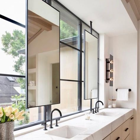 Sinks Under The Window Or Without Leaning on The Wall For The Bathroom? Bathroom Functional, Retirement House, Bathroom Window, Bathroom Windows, Bay View, Functional Storage, Hanging Mirror, Bathroom Renovation, Bathroom Inspiration