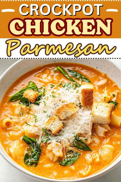 This Crockpot Chicken Parmesan soup is a tasty twist on a classic! It's easy, satisfying, and guaranteed to please! Chicken Soup In The Crockpot, Chicken Soup In Slow Cooker, Crockpot Creamy Chicken Parm Soup, Chicken Parmesan Soup Crockpot, Crockpot Chicken Parmesan Soup, Crock Pot Creamy Chicken Parmesan Soup, Easy Soup Crockpot Recipes, Crockpot Creamy Chicken Parmesan Soup, Soups Recipes Crock Pot