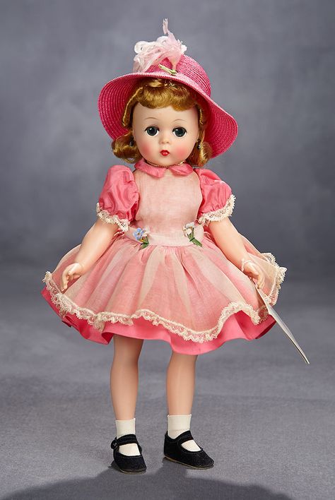 Madame Alexander, The Rodney Waller Collection: Part Two: 342 Lissy as "Kelly" in Pink Taffeta Dress, 1959 Feathers Earrings, Candy Striper, Vintage Madame Alexander Dolls, Woven Hat, Curly Bangs, American Girl Doll Clothes Patterns, Side Snap, Doll Family, Fantasy Doll