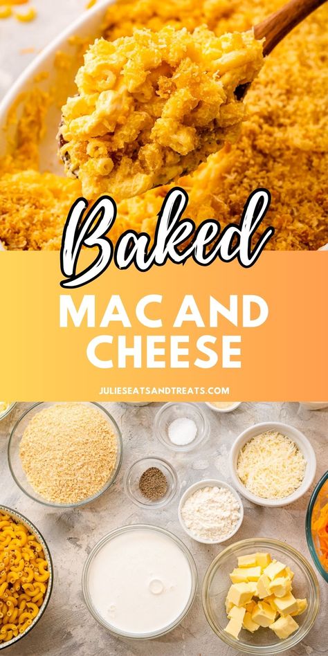 Get ready to be amazed by this mouthwatering Baked Mac and Cheese. The creamy, cheesy filling is perfectly complemented by a golden, crispy Panko topping. This dish is a must-try and will be the talk of the table at your next meal or celebration. Mac And Cheese With Bread Crumb Topping, Breadcrumb Topping, Baked Mac And Cheese Recipe, Making Mac And Cheese, Macaroni N Cheese Recipe, Fall Comfort Food, Baked Mac N Cheese, Baked Macaroni, Baked Cheese