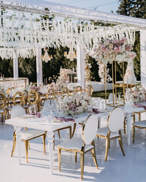 White And Gold Glam Wedding, White And Golden Wedding Decor, White And Gold Wedding Stage Decor, White And Gold Indian Wedding Decor, White And Gold Mandap, White And Gold Wedding Themes, Gold Reception, White And Gold Wedding, Minimalist Wedding Decor