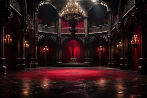 Castle hall architecture building red | premium image by rawpixel.com Evil Castle Interior, Dark Fantasy Castle Interior, Vampire Ballroom, Goth Ballroom, Dark Castle Background, Mv Background Ideas, Vampire Castle Interior, Gothic Ballroom, Fantasy Ballroom