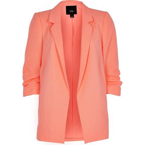 Coral ruched sleeve blazer - Blazers - Coats & Jackets - women Coral Blazer Outfit, Coral Jacket, Coral Blazer, Ruched Sleeve Blazer, Blazer Outfits For Women, Ladies Blazer, Ruched Sleeve, Women's Blazers, Belted Shorts