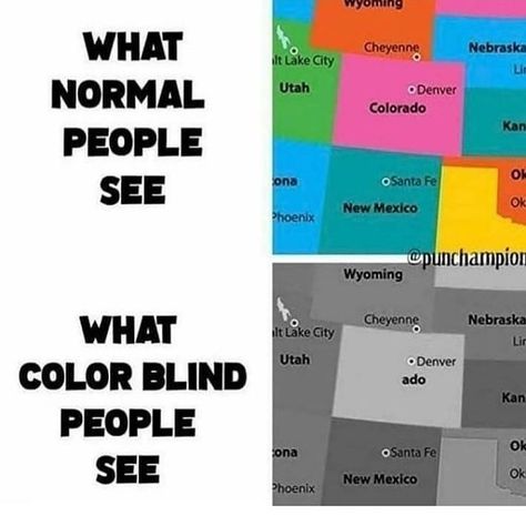 MAPS ‘N MORE © on Instagram: “How Colorblind people see Colorado! ••• Support the channel! Let a friend know about us!! Source: Unknown #mapsnmemes ••• • • • > #colorado…” Super Bowl Memes, Funny Maps, Beast Quotes, Pun Meme, Funny Pun, Dark Memes, Color Blind, Really Funny Memes, Dad Jokes