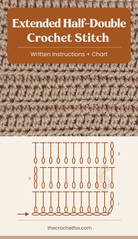 Learn the Extended Half-Double Stitch, a modification from the regular half double stitch that's really easy to make if you already know how to make the basic half double crochet stitch. This free and easy crochet stitch tutorial is ideal for beginners and has both witten and charted instructions.| More easy crochet stitch patterns at thecrochetfox.com Crotchet Rug, Crochet Stitch Patterns, Crochet Stitch Pattern, Crochet Chain Stitch, 100 Crochet Stitches, Crochet Stitch Tutorial, Crochet Book, Half Double Crochet Stitch, Crochet Stitches Diagram