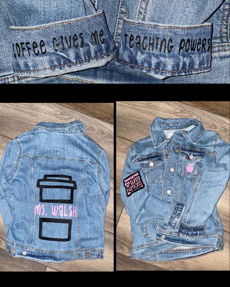 #jeanjacketoutfit #handmade #creativity #design #art #crafting #customgifts #personalize #gifts #cute #trendy #cricut #craftersofinstagram #customapparel #smallbusiness #sidehussle #smallshop #shoplocal #teacher #teacherjacket #jeanjacket #customjeanjacket #gradgift #new #bridal #graduation #details #coffee #teacherfuel #EOY #educator #denim #denimjacket Teacher Jean Jacket, Teacher Jacket, Personalize Gifts, Custom Jean Jacket, Best Teacher Gifts, Grad Gifts, Teacher Life, Best Teacher, Jean Jackets