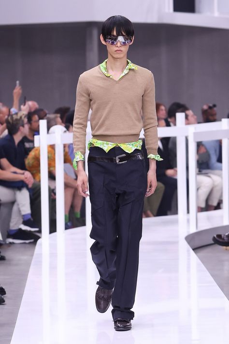 Prada SS25 Men’s | Dazed Prada Fashion Show, Prada Fashion, Prada Spring, Summer 2025, Men Spring, Denim T Shirt, Prada Men, Jogging Suit, Lacing Sneakers