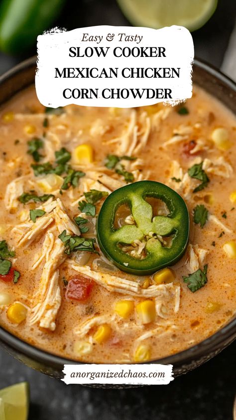 Slow Cooker Mexican Chicken Corn Chowder Recipe Whole Chicken Mexican Recipes, Mexican Chicken Chowder Soup, Mexican Chicken Corn Chowder Soup, Chicken And Corn Chowder Crockpot, Mexican Corn Chowder Recipe, Chicken Corn Chowder Crock Pot, Mexican Chicken Corn Chowder, Corn Chowder Crockpot, Chicken And Corn Chowder