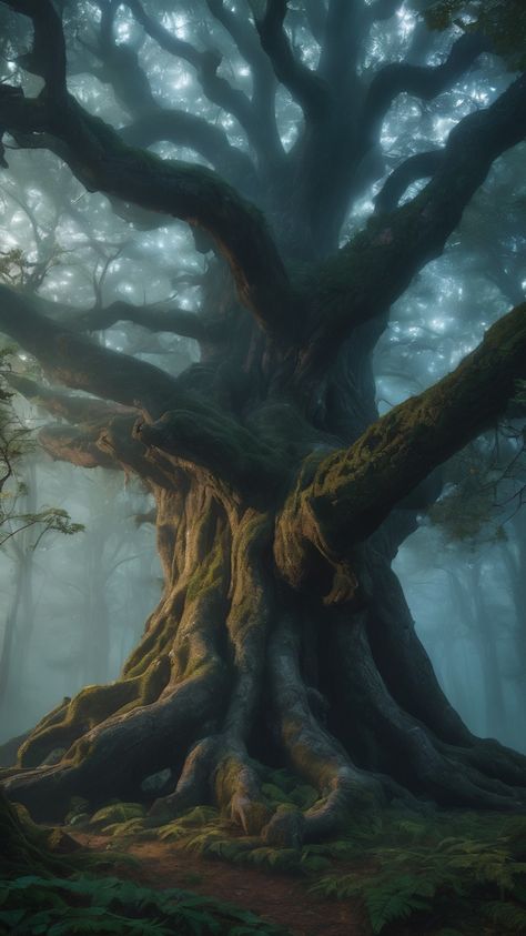 Largest Tree In The World, Giant Tree Aesthetic, Cursed Tree Fantasy Art, Ancient Forest Fantasy Art, Ancient Tree Art, Magic Tree Aesthetic, Fantasy Tree Art, Dark Enchanted Forest, Light Through Trees