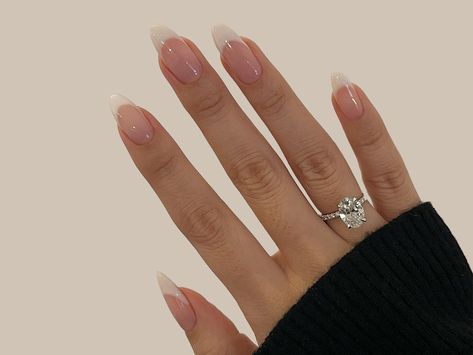 Best Base Color For French Manicure, Almost French Tip Nails, Thick French Manicure, Almond American Manicure, French Manicure Base Color, Muted French Nails, Almond Shaped French Manicure, Types Of French Manicures, Invisible French Manicure