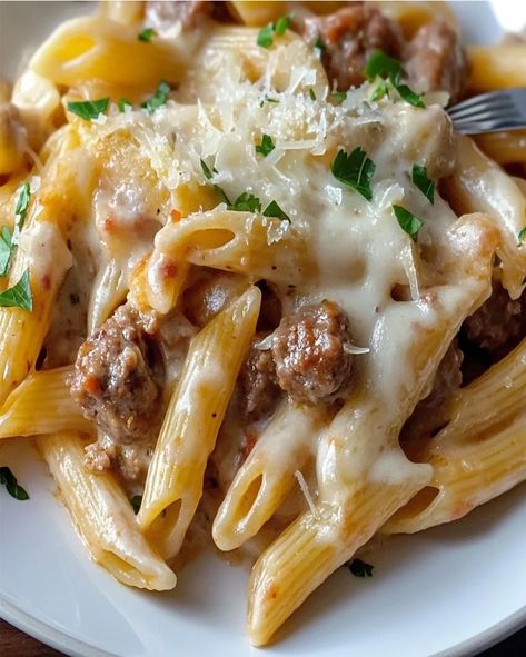 Make this rich and creamy penne with savory Italian sausage recipe. A quick and easy pasta dish perfect for weeknight dinners or special Cheesy Ground Beef, Ground Beef Pasta Recipes, Broccoli Pasta Recipe, Cream Cheese Pasta, Beef Pasta Recipes, Pasta Skillet, Ground Beef Pasta, Skillet Pasta, Macaroni Recipes