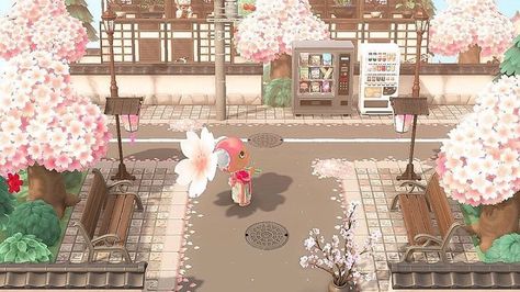 Acnh Cherry Blossom Clothes, Acnh Cherry Blossom Path Designs, Acnh Cherry Blossom, Acnh Sakura, Spring Acnh, City Acnh, Acnh Zen Garden, Acnh Zen, Animal Crossing Cafe