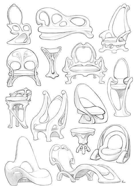 Interior Design Furniture Sketches, Art Nouveau Furniture Design, Art Nouveau Architecture Sketch, Art Noveau Furniture, Ancient Egyptian Furniture Sketches, Art Noveau Interiors, Rococo Furniture Sketch, Art Nouveau Sketch, Furniture Design Sketches Drawings