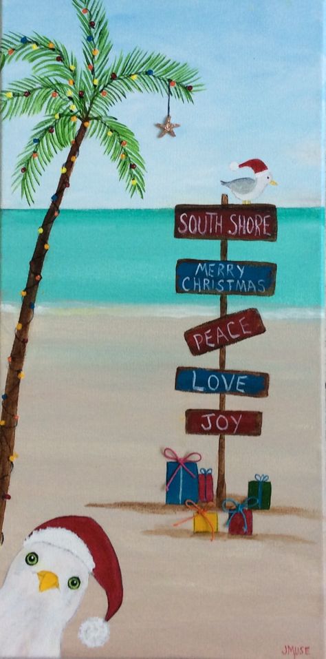 Beach Painting Ideas, Beachy Christmas, Beach Santa, Christmas Painting, Diy Ornaments, Amazing Paintings, Holiday Craft, Beach Christmas, Beach Canvas