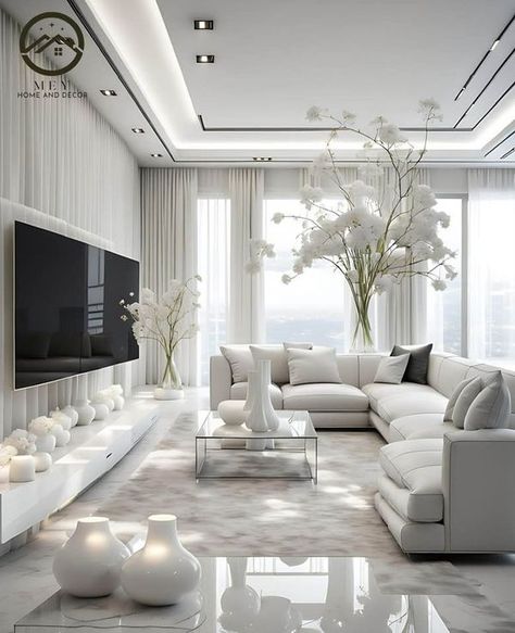 All White Living Room, Blue Living Room Color, Glam Living Room Decor, White Living Room Decor, Tv Area, Chandelier White, Classy Living Room, Elegant Living Room Decor, Elegant Living Room Design