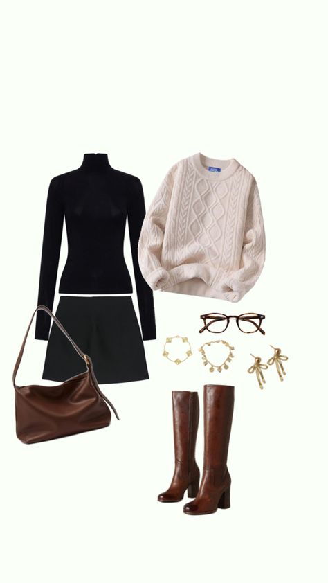 winter outfit brown boots brown bag gold jewellery white knit sweater black skirt turtleneck Skirt And Boots Outfit, Skirt And Boots, White Knit Sweater, Winter Skirt, Brown Bag, Boots Brown, Brown Bags, Sweater Black, Boots Outfit