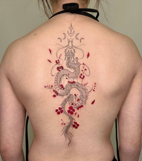 Back Dragon Tattoos For Women, Red Ink Dragon Tattoo Back, Fox Spine Tattoo, Dragon Spine Tattoos For Women, Dragon Spinal Tattoo, Spine Tattoos For Women Dragon, Spine Tattoo Dragon, Feminine Back Tattoos Full, Dragon With Flowers