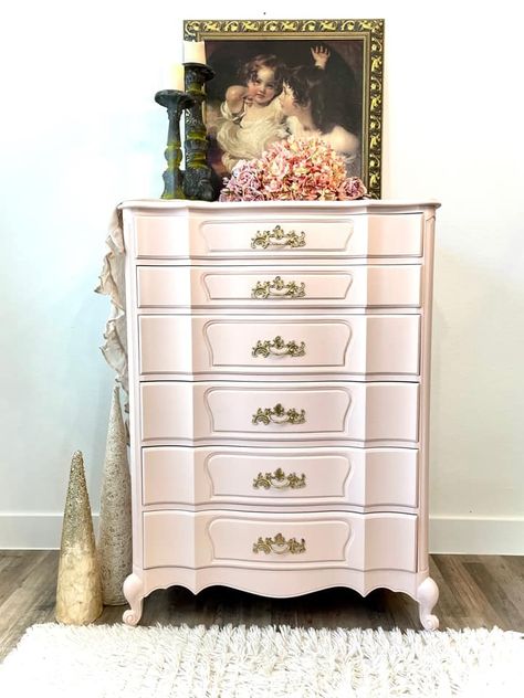 French Provincial Furniture Makeover, Pink French Provincial Dresser, Coral Painted Furniture, Pink Painted Furniture, Pink Dresser, General Finishes Milk Paint, French Provincial Dresser, French Provincial Furniture, General Finishes