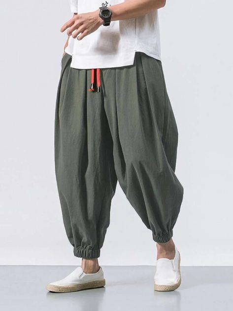 Harem Pants Men, Mens Linen Pants, Summer Trousers, Drop Crotch Pants, Cotton Linen Pants, Mens Pants Fashion, Pantalon Large, Ankle Length Pants, Linen Trousers