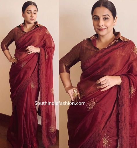 vidya balan in maroon saree with collar neck blouse 1 scaled Vidya Balan Blouse Design, Maroon Organza Saree, Maroon Saree Blouse Combination, Vidya Balan Saree Blouse, Vidya Balan Saree, Collar Neck Blouse, Net Saree Blouse Designs, Net Saree Blouse, Saree Inspiration