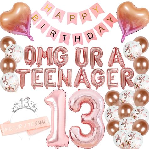 PRICES MAY VARY. 13th Birthday Party Decoration: 16 inch rose gold letter balloons banner "OMG UR A Teenager", 32inch number balloons "13", 2 pcs 18inch heart balloons, pink Happy Birthday banner, 1pc Omg Ur A Teenager sash, 1 pc sparkling 13th tiara, 20 pcs latex balloons, make your 13 year old Birthday party very special. Omg Ur A Teenager Party Supplies: 13th Teenager themed party, Including exquisite balloons, delicate paper banner, sparkling crown and sash, 32 inch number balloons "13", wil Cute Birthday Party Ideas For 13, Age 13 Birthday Party Ideas, 13 Yrs Old Girl Birthday Party Ideas, Birthday Ideas 13th Party, Rose Gold 13th Birthday Party Ideas, 13th Birthday Party Ideas For Girls Theme, 13 Birthday Party Ideas Themes, Pink And Gold Birthday Party Decorations, Birthday Ideas For 13th Birthday