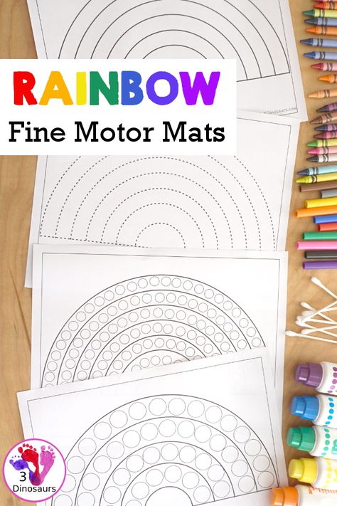 Free Rainbow Fine Motor Dot Marker Printables - with six pages of printables with rainbows template to color, rainbows to trace, rainbow to q-tip and a dot marker rainbow, all great for spring fine motor centers. - 3Dinosaurs.com #3dinosaurs #freeprintable #finemotormats #rainbowsforkids #kindergarten #prek #preschool #3dinosaurs #finemotor Q Tip Fine Motor Activities, Rainbow Tracing Preschool, Rainbow Writing Kindergarten, Rainbow Counting Preschool, Dot Marker Letters Free Printables, Rainbow Writing Preschool, Rainbow Montessori Activities, Rainbow Preschool Activities Free Printables, Color Preschool Theme