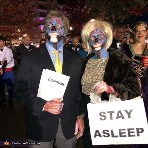 Michelle: My husband and I had a blast dressing up as aliens from the classic 1988 movie They Live. I was nervous no one would recognize our costumes but we had... Alien Tourist Costume, They Live Costume, Diy Mars Attacks Costume, Halloween Costumes Alien, Blow Up Alien Costume, Alien Carrying Human Costume, Aliens Costume, They Live Movie, Alien Crash Site Halloween