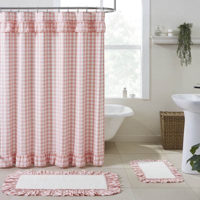 Decorate your bathroom with the perfect blend of simplicity and country charm with the Annie Buffalo check-ruffled shower curtain. Featuring large-scale checks beautifully accented with ruffles, our fabric shower curtain provides a vintage, farmhouse touch to your decor. This machine washable, 100% cotton shower curtain includes button holes for shower hooks and a rod pocket for versatility and convenience. Color: Coral Pink | VHC Brands Annie 100% Cotton Gingham Single Shower Curtain 100% Cotto Ruffled Shower Curtain, Ruffle Shower Curtains, Farmhouse Shower Curtain, Square Bath, Farmhouse Shower, Scandinavian Nursery, Vhc Brands, Buffalo Plaid Pattern, Cotton Shower Curtain